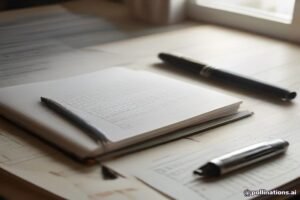 A calculator, notebook, and color swatches on a wooden desk under natural light.