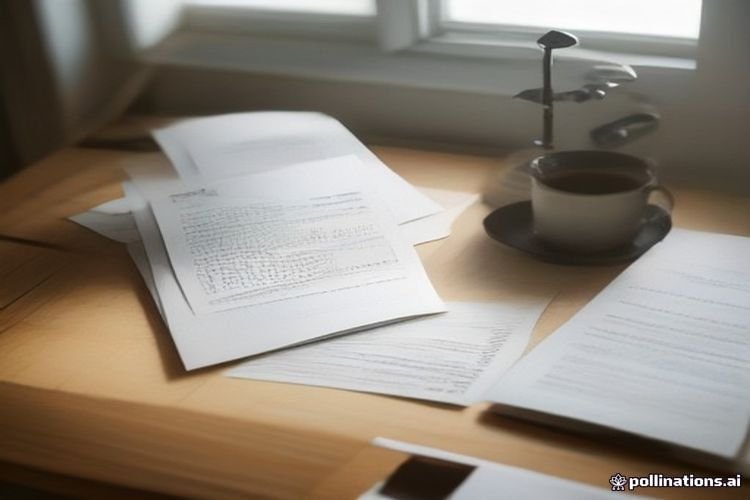 A writer workspace with a laptop, printed manuscript pages, and natural lighting.